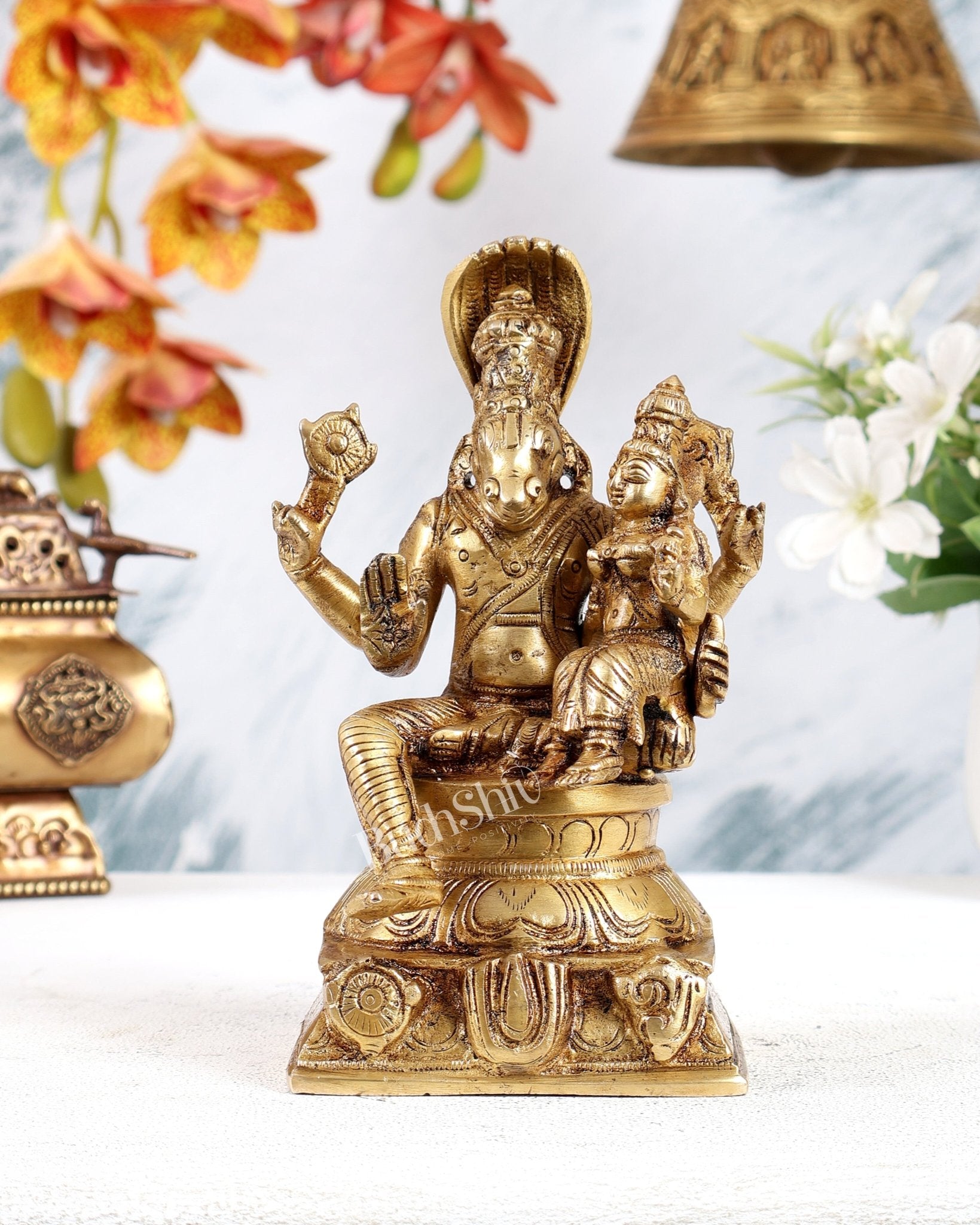Brass Hayagreeva Lakshmi Idol – Vishnu Roop Hayagrivar with Shankh Cha ...