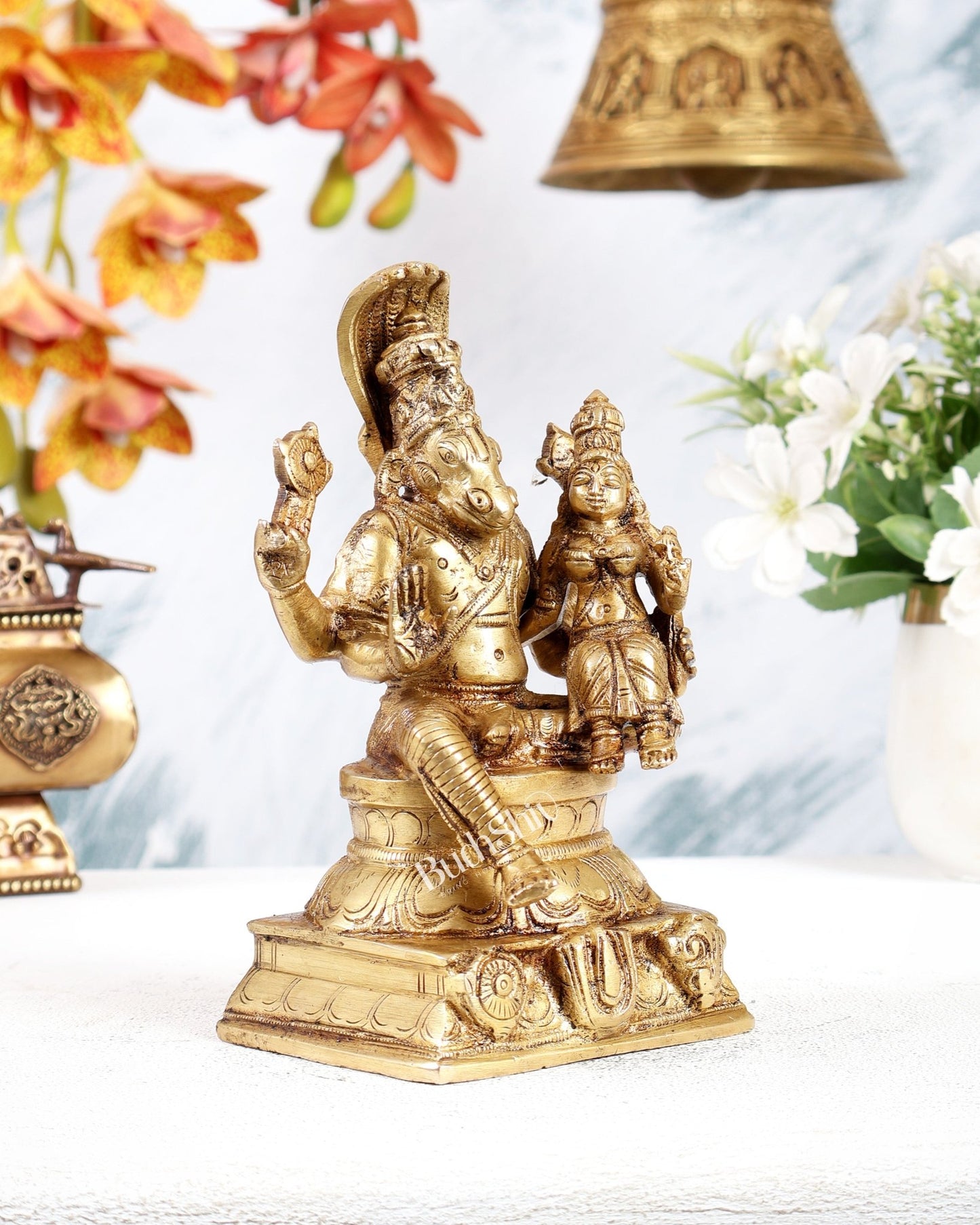 Brass Hayagreeva Lakshmi Idol – Vishnu Roop Hayagrivar with Shankh Chakra Carvings (6.5 Inches) - Budhshiv.com