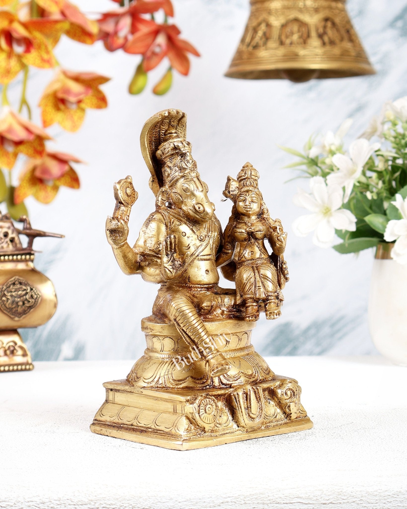 Brass Hayagreeva Lakshmi Idol – Vishnu Roop Hayagrivar with Shankh Chakra Carvings (6.5 Inches) - Budhshiv.com