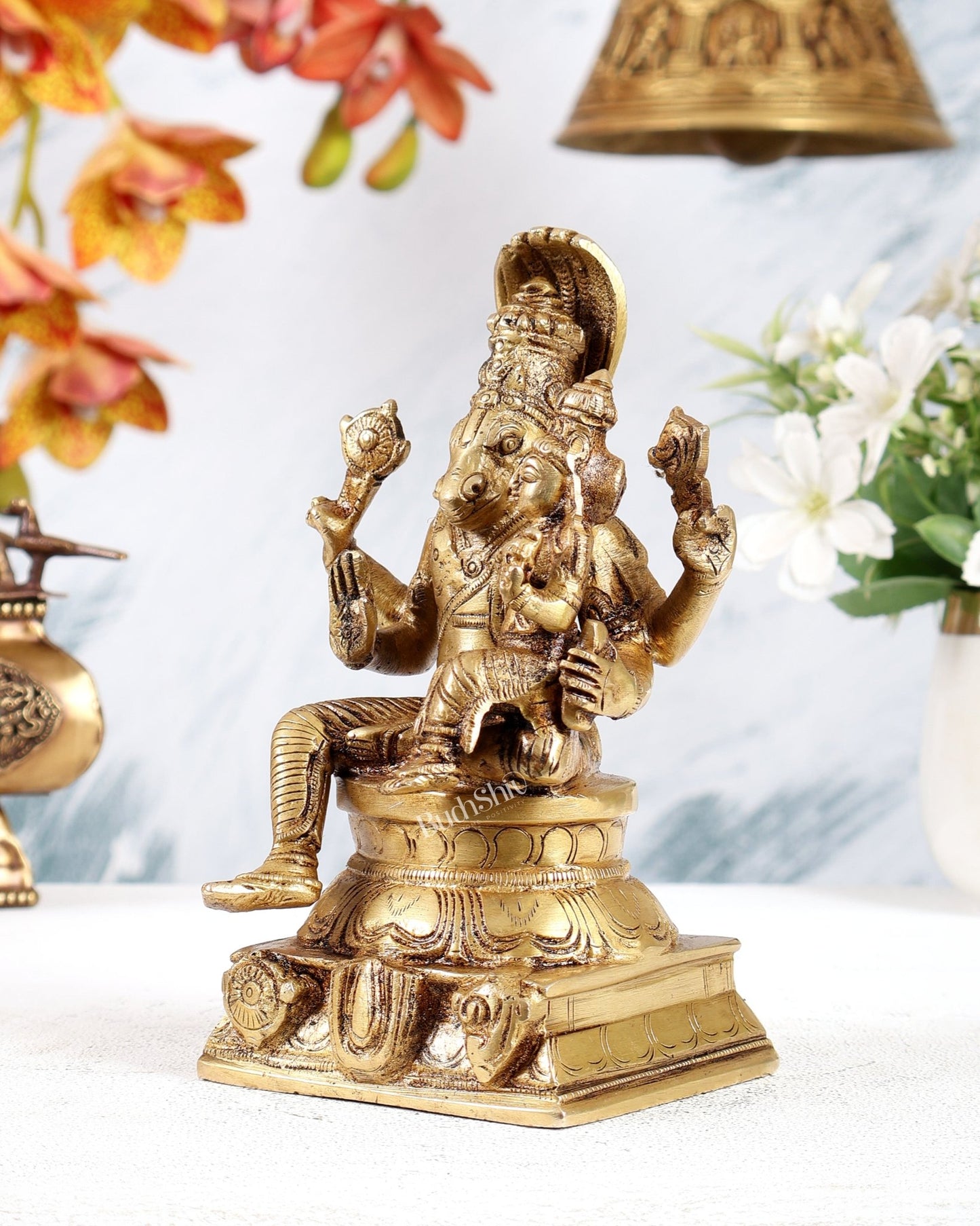 Brass Hayagreeva Lakshmi Idol – Vishnu Roop Hayagrivar with Shankh Chakra Carvings (6.5 Inches) - Budhshiv.com