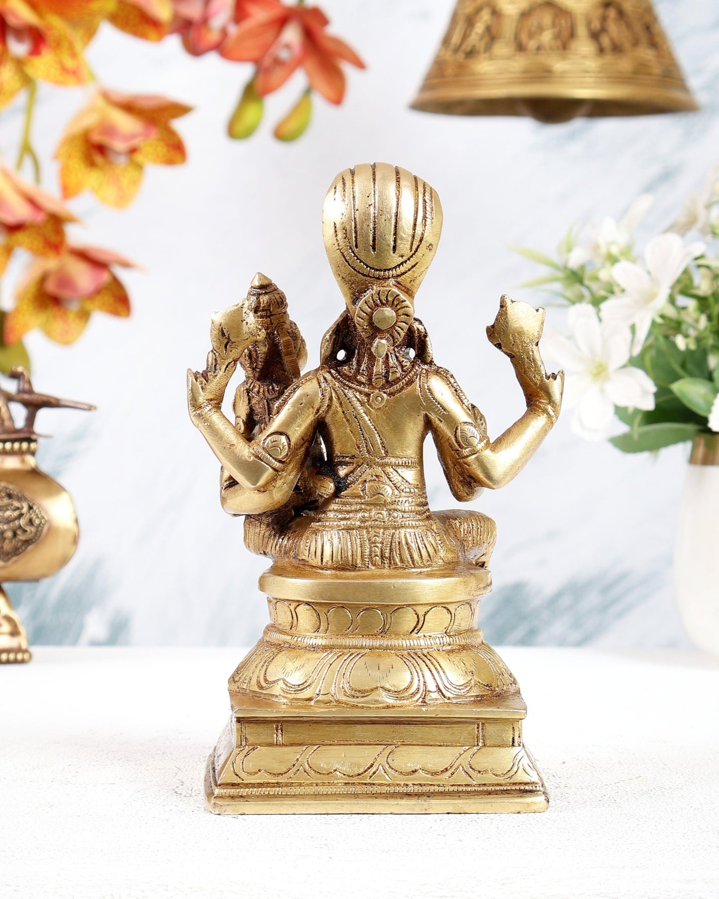Brass Hayagreeva Lakshmi Idol – Vishnu Roop Hayagrivar with Shankh Chakra Carvings (6.5 Inches) - Budhshiv.com