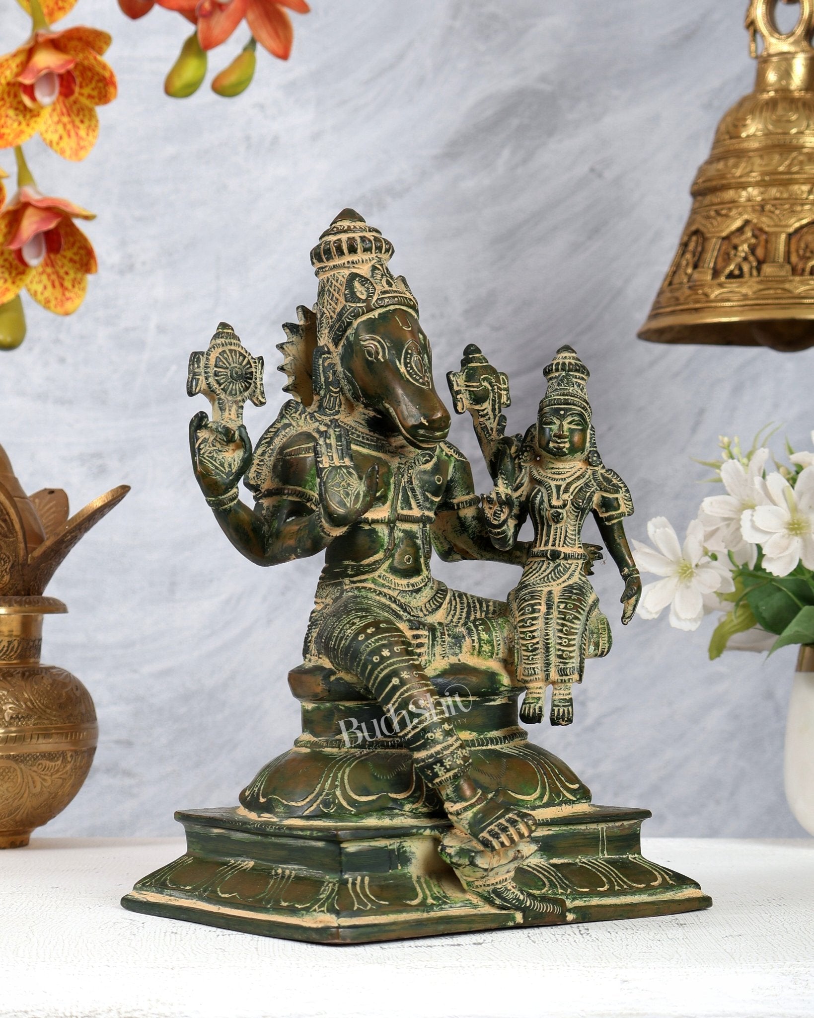 Brass Hayagriva Lakshmi idol 9" green vintage tone - Budhshiv.com