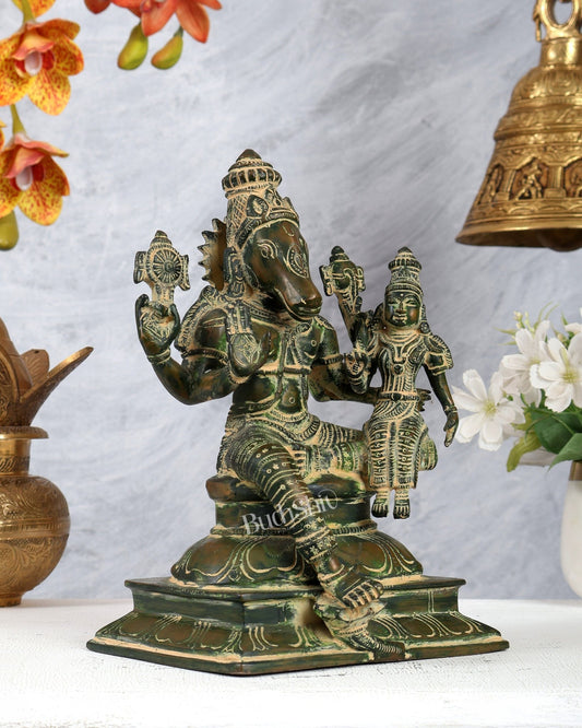 Brass Hayagriva Lakshmi idol 9" green vintage tone - Budhshiv.com