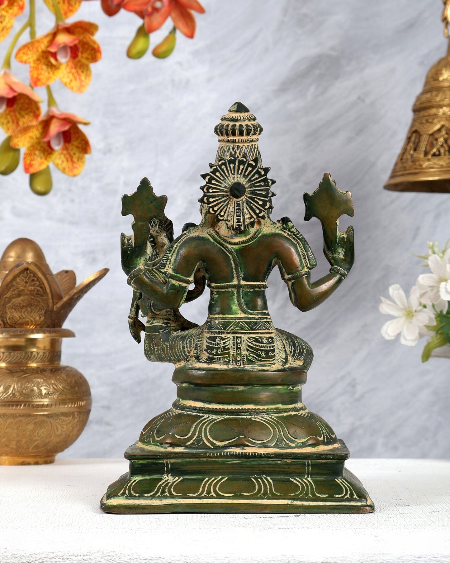 Brass Hayagriva Lakshmi idol 9" green vintage tone - Budhshiv.com
