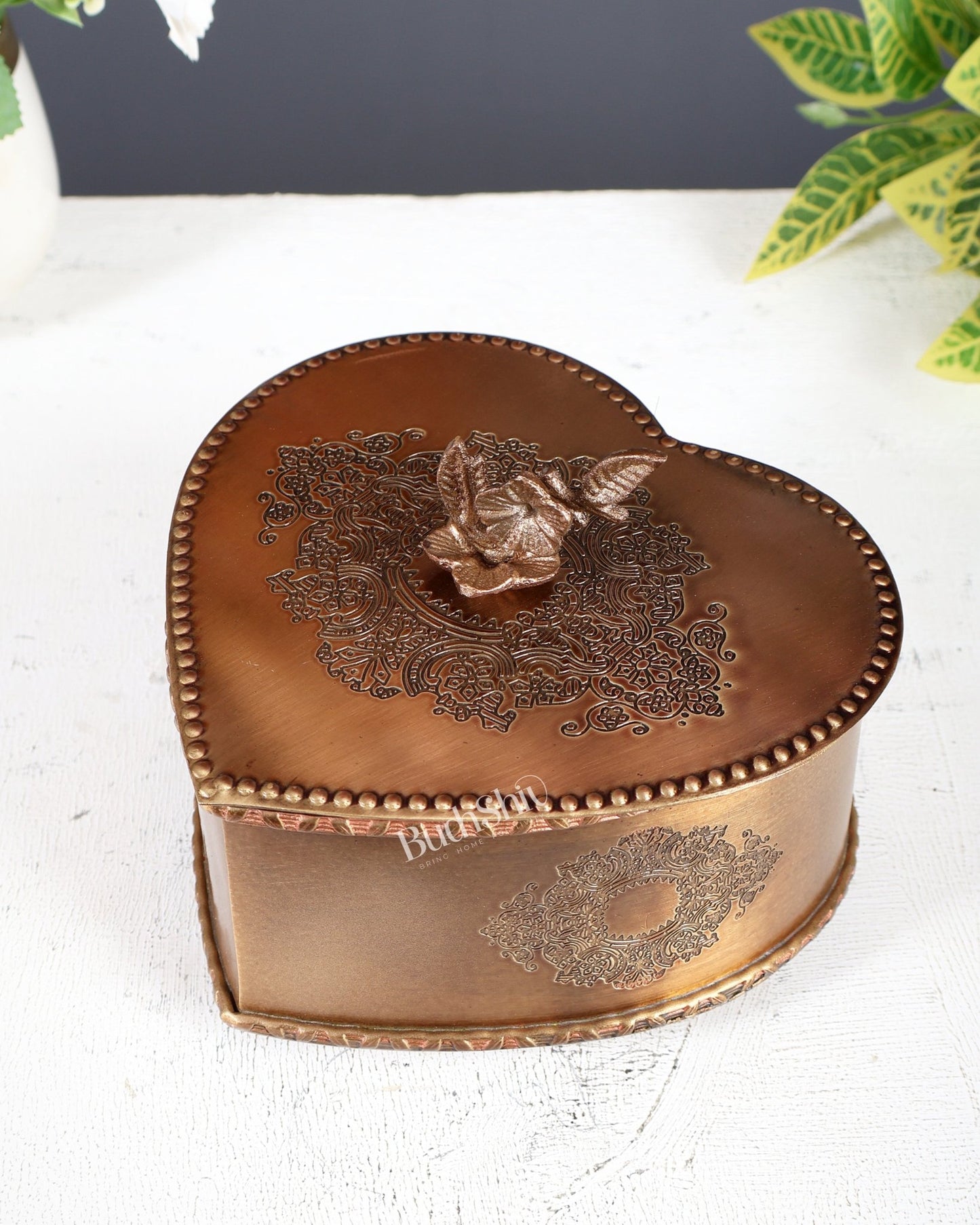 Brass Heart Shaped Multipurpose Storage & Gift Box – Matte Antique Finish lightweight - Budhshiv.com