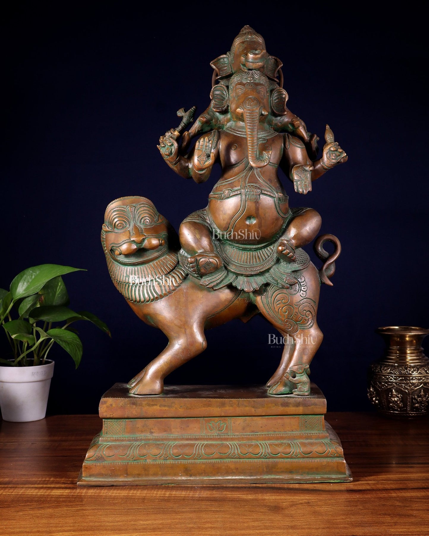 Brass Heramba Ganesha with five heads Statue - 22.5" Bronze Patina - Budhshiv.com
