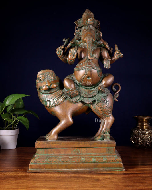 Brass Heramba Ganesha with five heads Statue - 22.5" Bronze Patina - Budhshiv.com