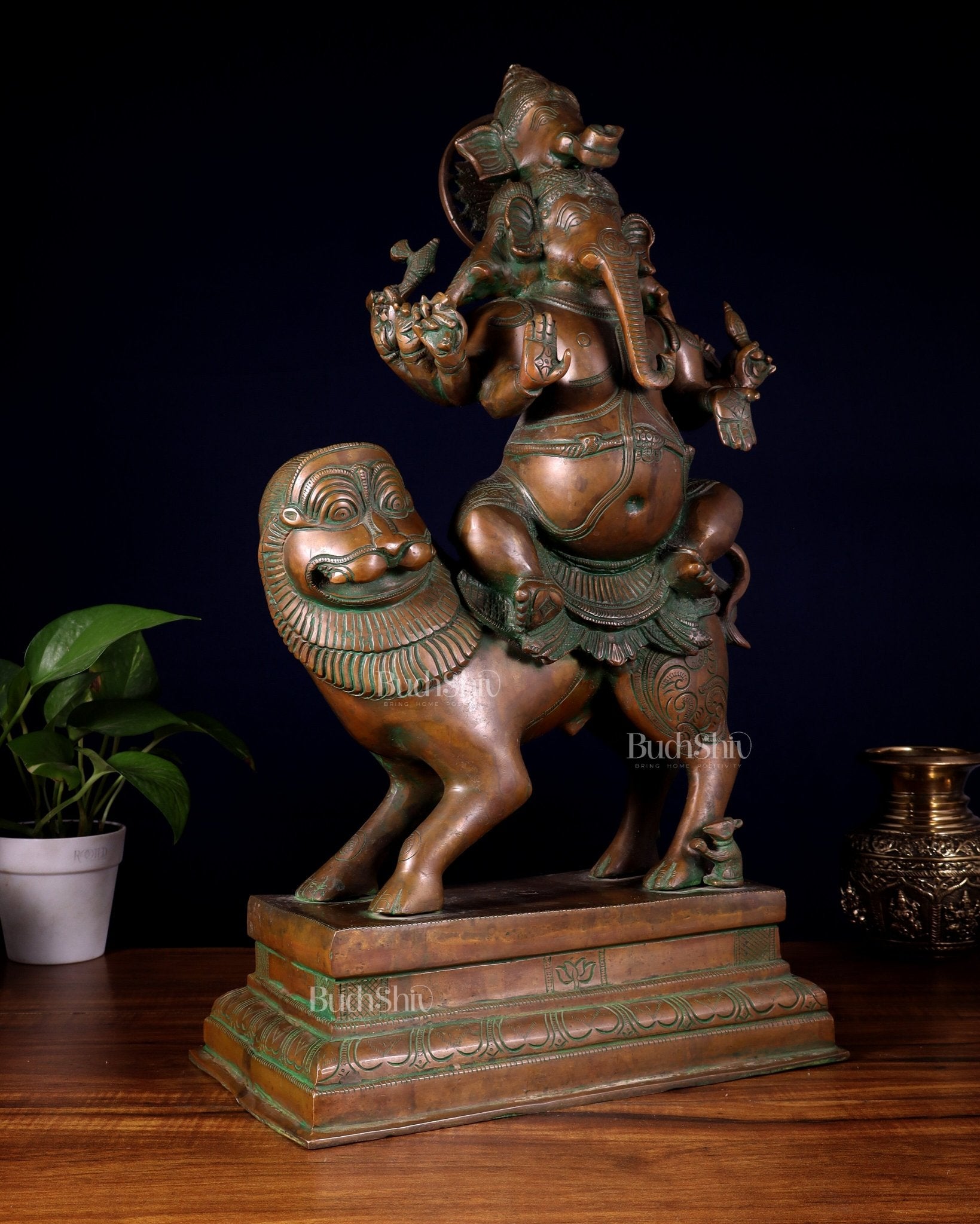Brass Heramba Ganesha with five heads Statue - 22.5" Bronze Patina - Budhshiv.com