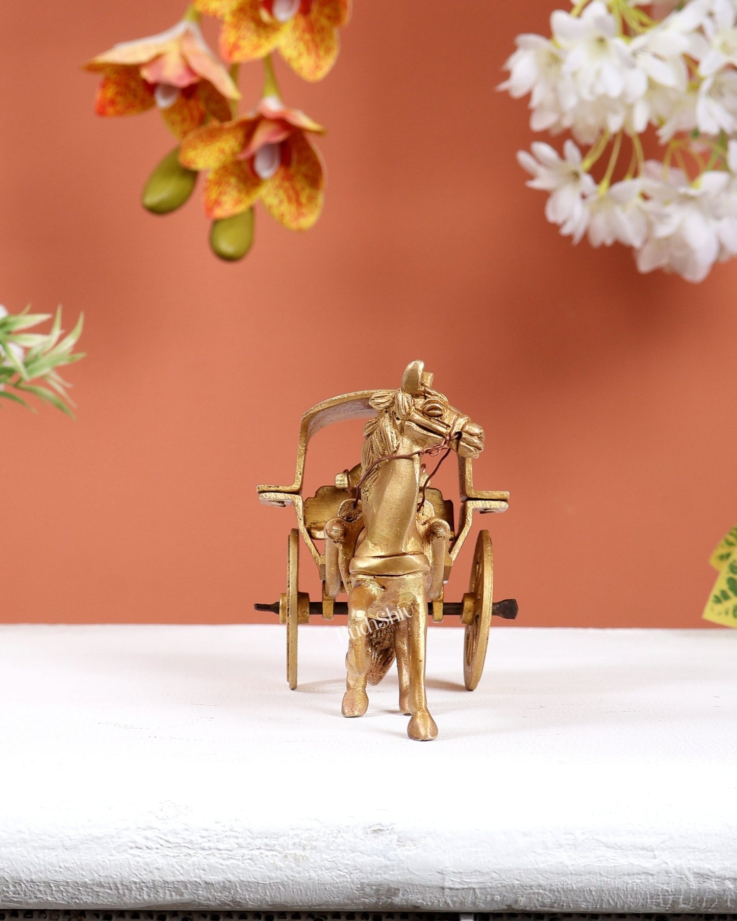 Brass Horse Cart Showpiece – Ghoda Gaadi with Rider Decorative Sculpture 6" - Budhshiv.com