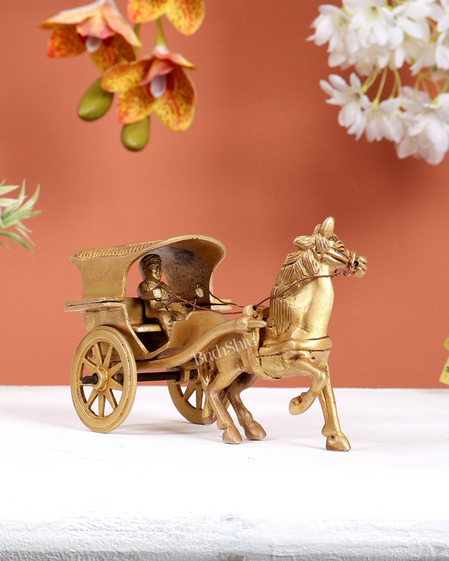 Brass Horse Cart Showpiece – Ghoda Gaadi with Rider Decorative Sculpture 6" - Budhshiv.com