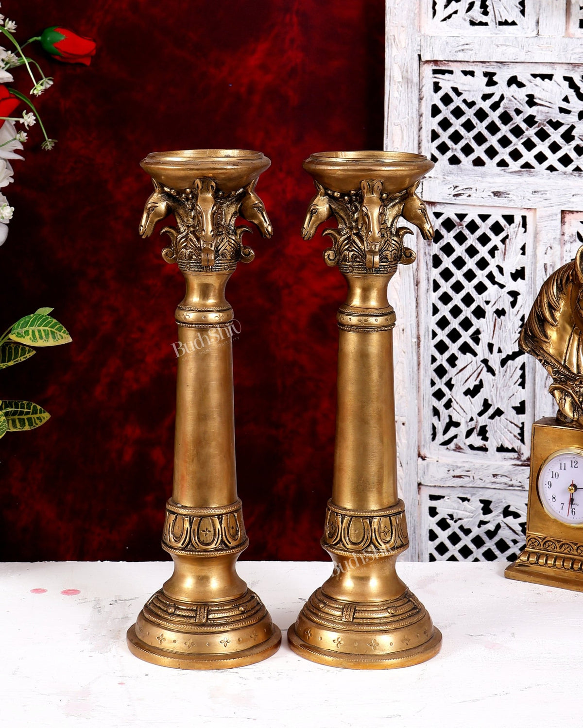 Brass Horse Design Pillar Candle Stand — Classic Theme 14 inch - Budhshiv.com