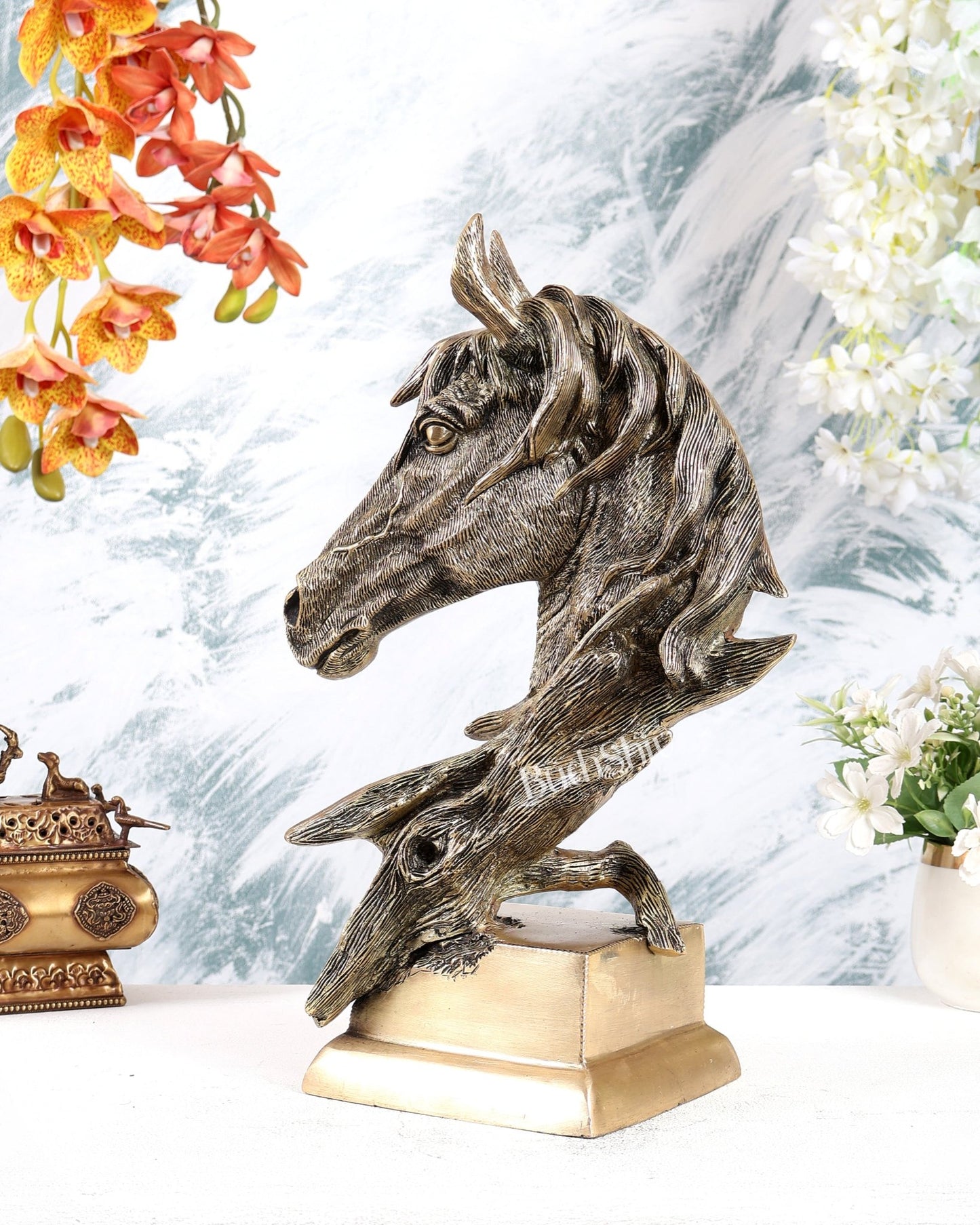 Brass Horse Face Decorative Showpiece – Brilliant Designer Statement Sculpture (15 Inches) - Budhshiv.com