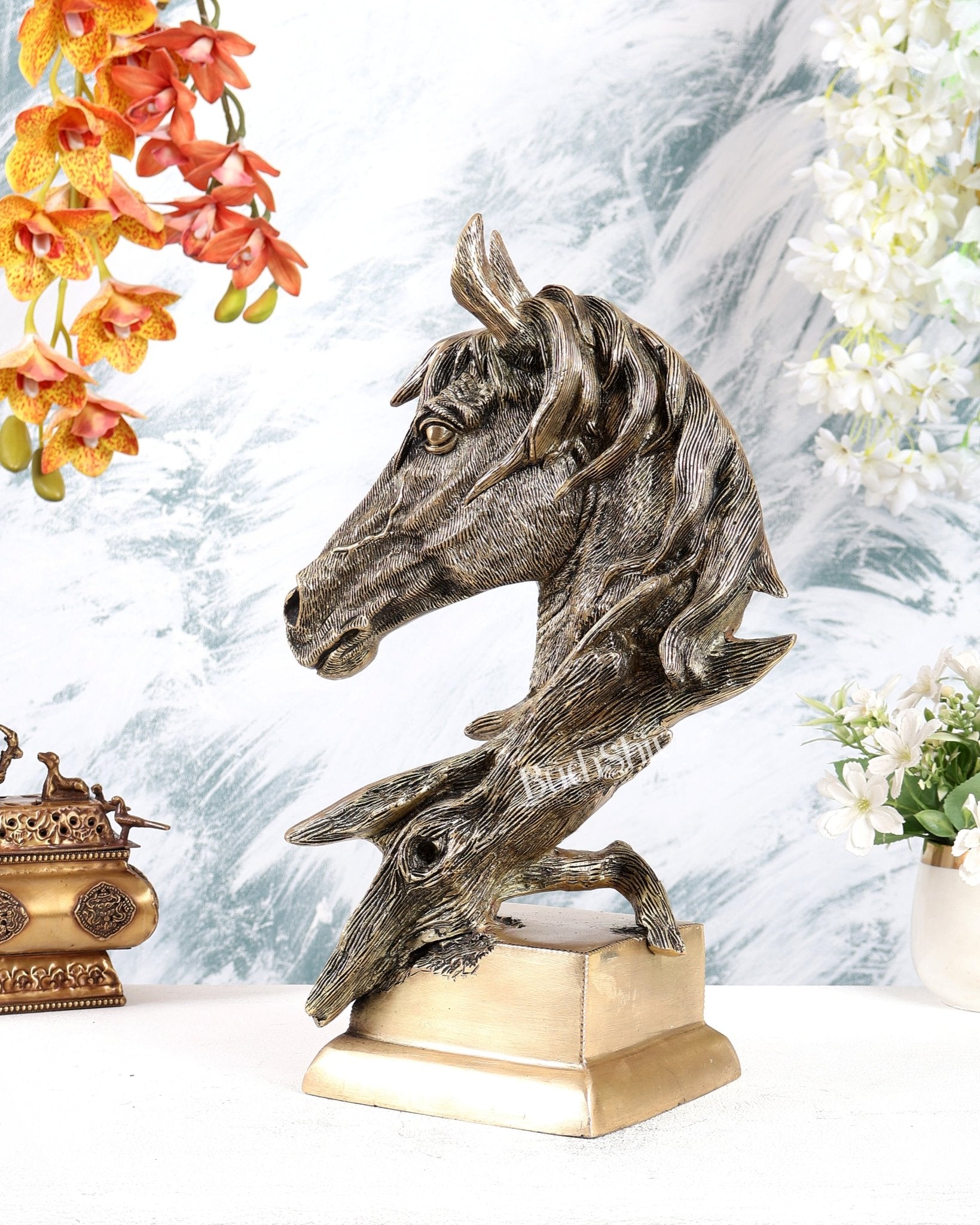 Brass Horse Face Decorative Showpiece – Brilliant Designer Statement Sculpture (15 Inches) - Budhshiv.com