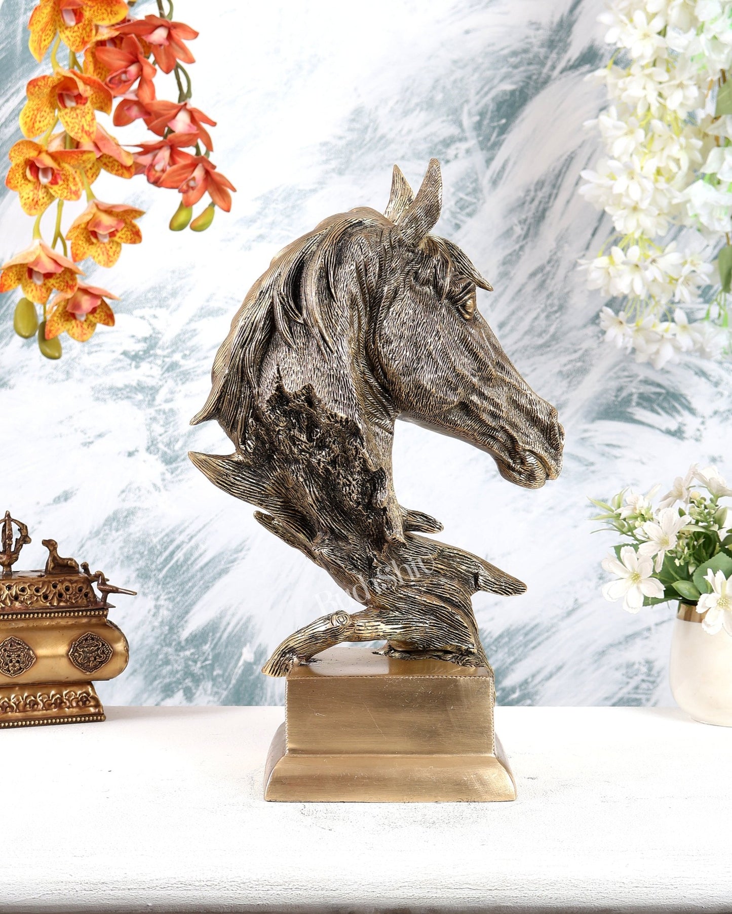 Brass Horse Face Decorative Showpiece – Brilliant Designer Statement Sculpture (15 Inches) - Budhshiv.com