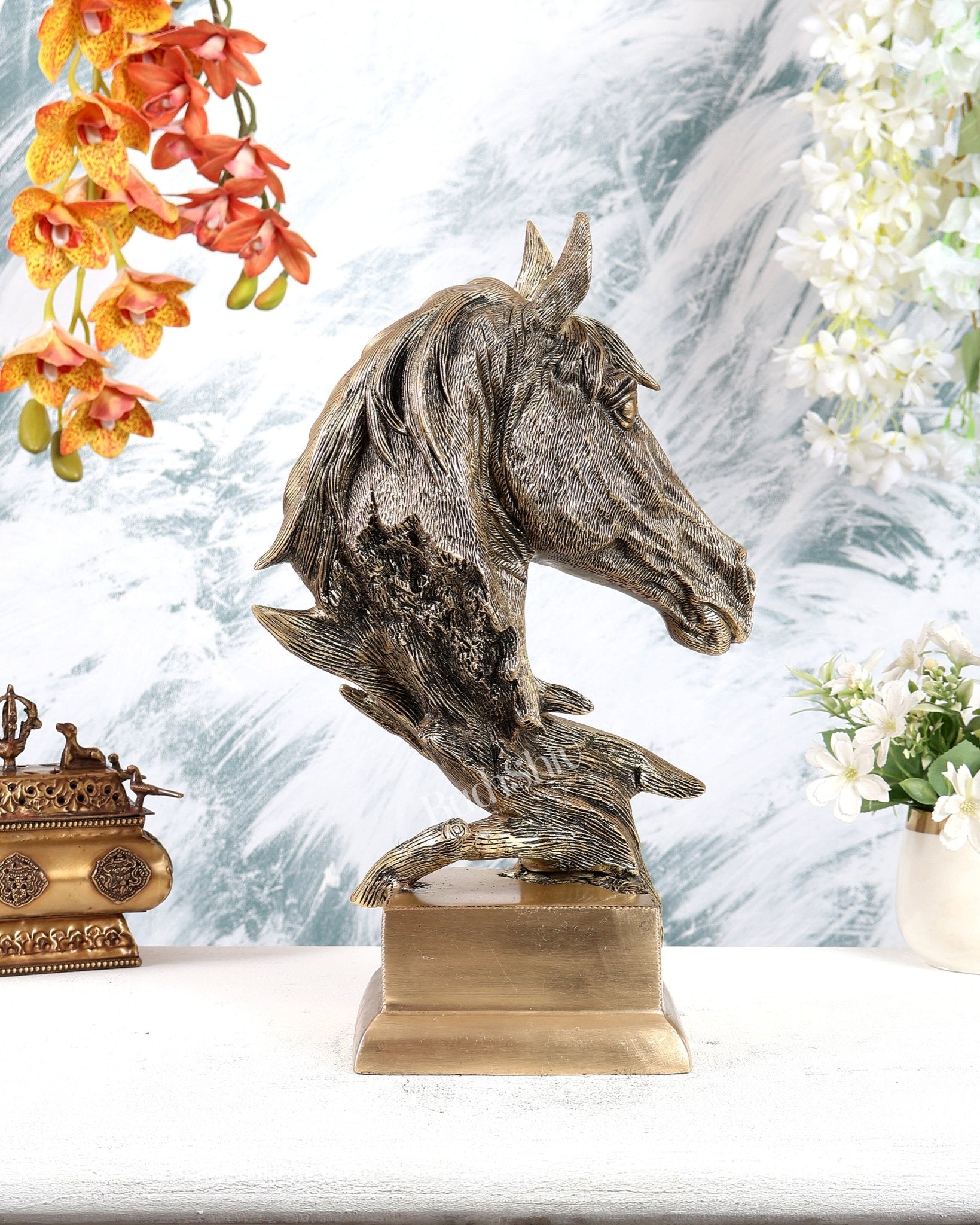 Brass Horse Face Decorative Showpiece – Brilliant Designer Statement Sculpture (15 Inches) - Budhshiv.com