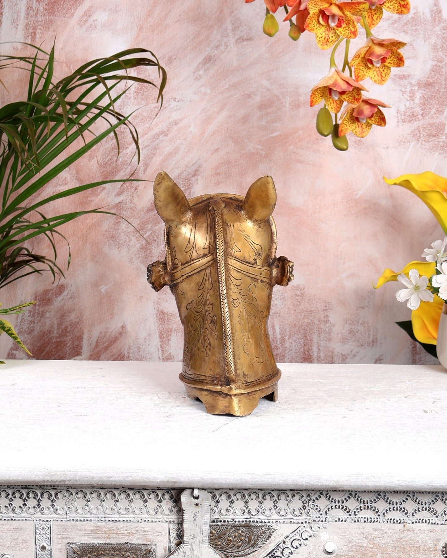 Brass Horse Head Face Sculpture (Open Mouth) – Handcrafted Decorative Showpiece (13 Inches Width) - Budhshiv.com
