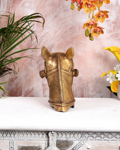 Brass Horse Head Face Sculpture (Open Mouth) – Handcrafted Decorative Showpiece (13 Inches Width) - Budhshiv.com