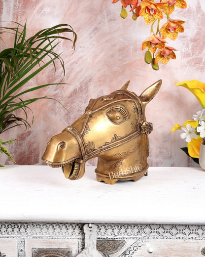 Brass Horse Head Face Sculpture (Open Mouth) – Handcrafted Decorative Showpiece (13 Inches Width) - Budhshiv.com