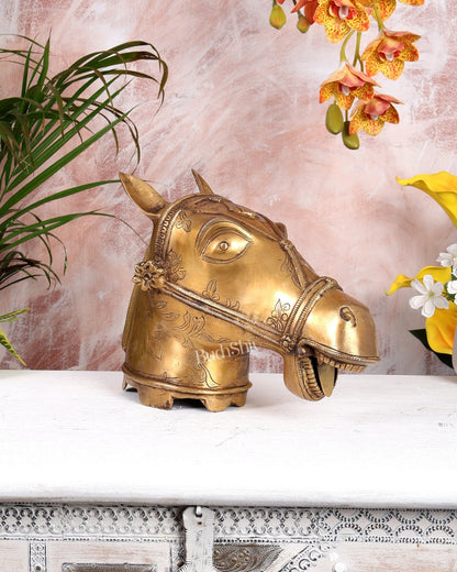 Brass Horse Head Face Sculpture (Open Mouth) – Handcrafted Decorative Showpiece (13 Inches Width) - Budhshiv.com