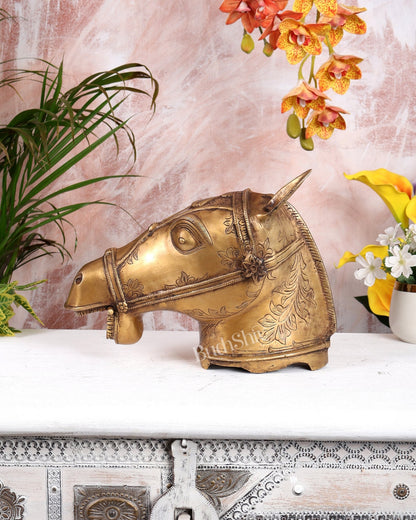 Brass Horse Head Face Sculpture (Open Mouth) – Handcrafted Decorative Showpiece (13 Inches Width) - Budhshiv.com