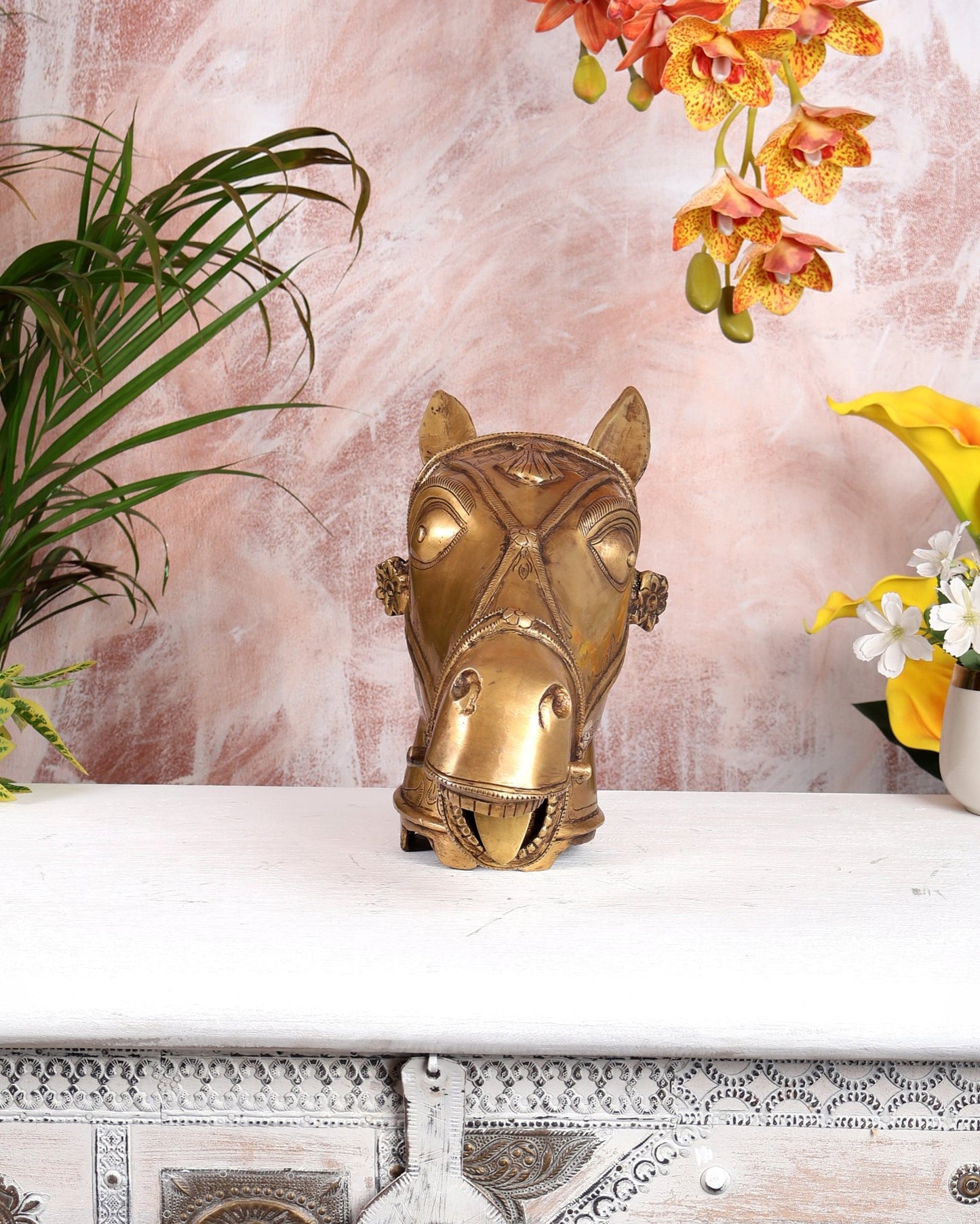 Brass Horse Head Face Sculpture (Open Mouth) – Handcrafted Decorative Showpiece (13 Inches Width) - Budhshiv.com