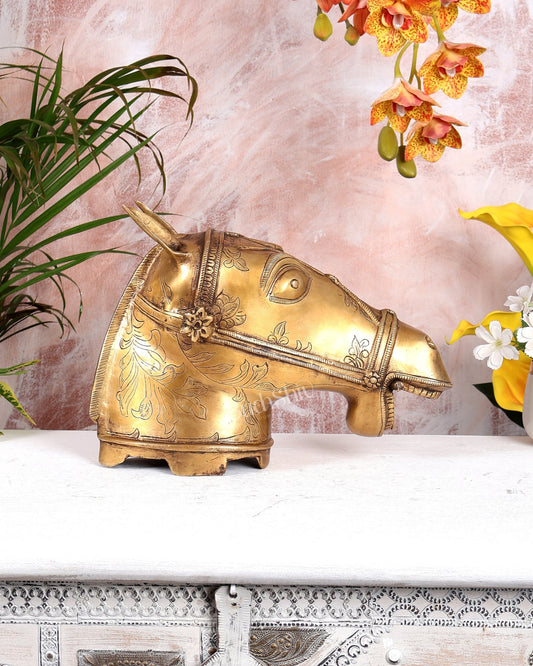 Brass Horse Head Face Sculpture (Open Mouth) – Handcrafted Decorative Showpiece (13 Inches Width) - Budhshiv.com