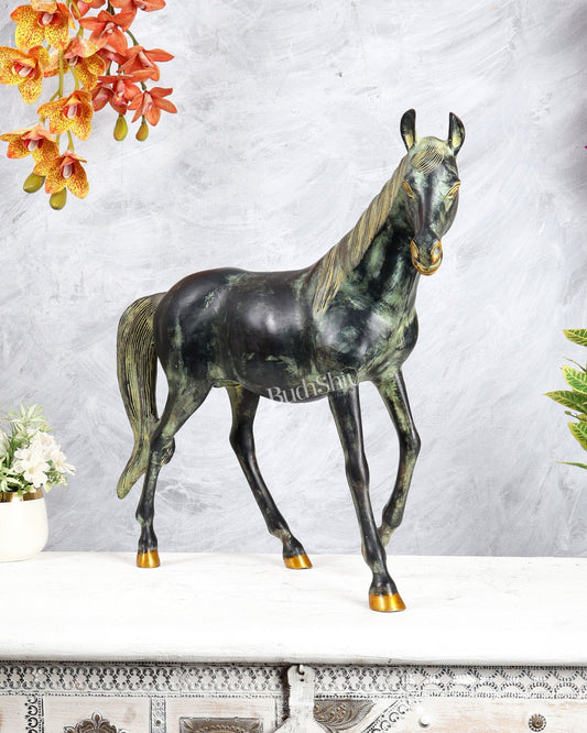 Brass Horse Showpiece One Leg Up – Vastu Approved antique patina tone 18.5 inch - Budhshiv.com