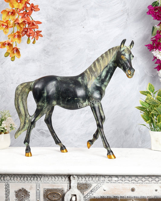 Brass Horse Showpiece One Leg Up – Vastu Approved antique patina tone 18.5 inch - Budhshiv.com