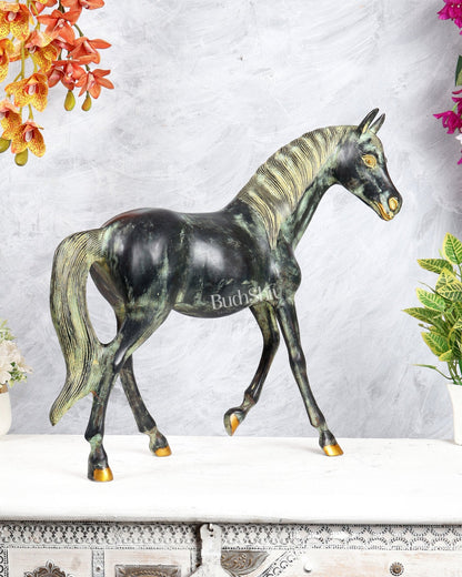 Brass Horse Showpiece One Leg Up – Vastu Approved antique patina tone 18.5 inch - Budhshiv.com