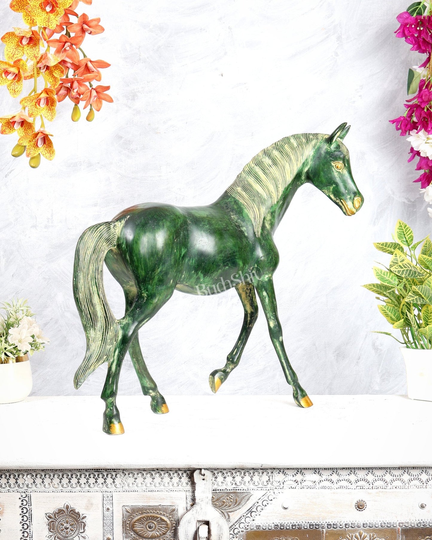Brass Horse Showpiece One Leg Up – Vastu Approved green tone 18.5 inch - Budhshiv.com