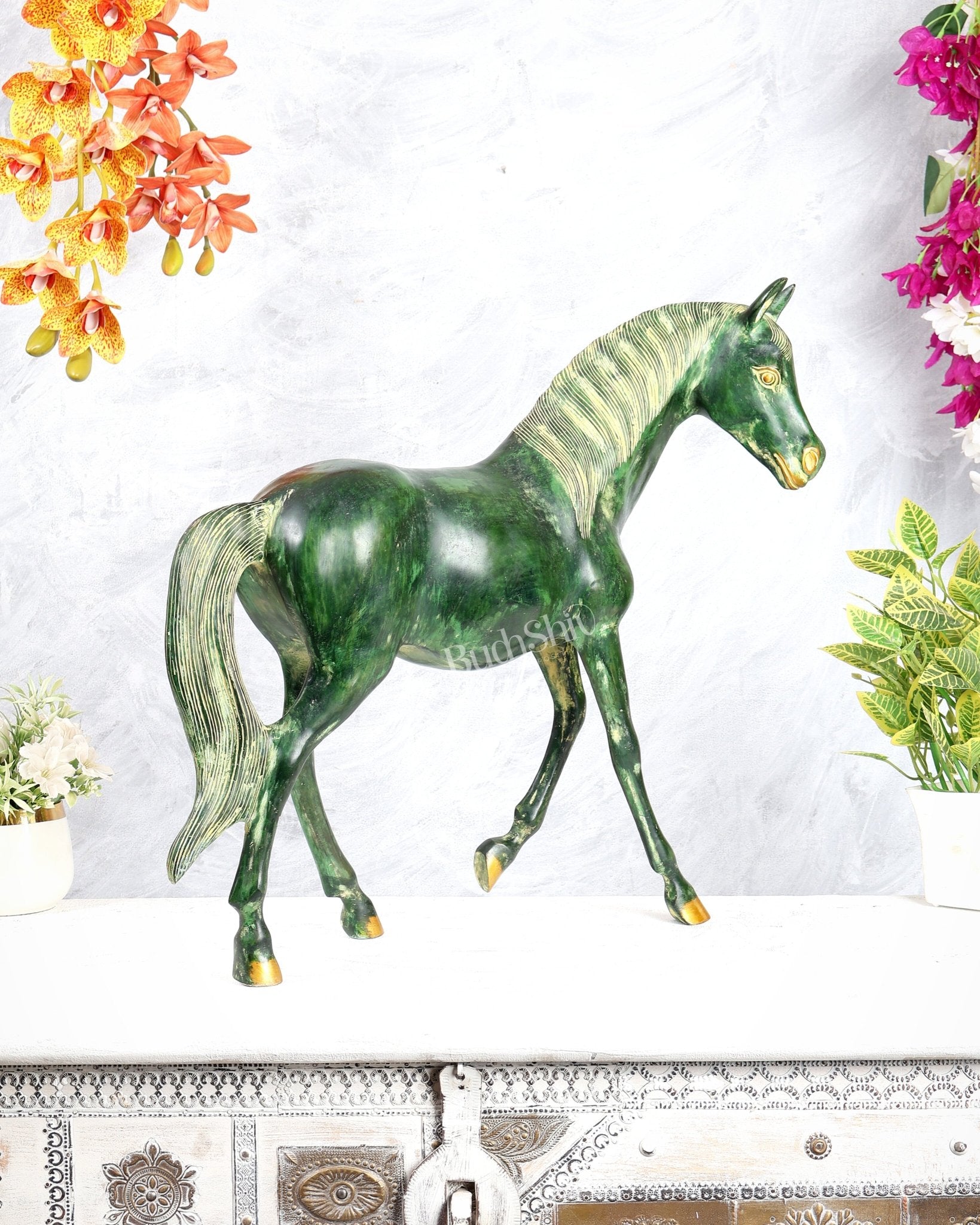 Brass Horse Showpiece One Leg Up – Vastu Approved green tone 18.5 inch - Budhshiv.com