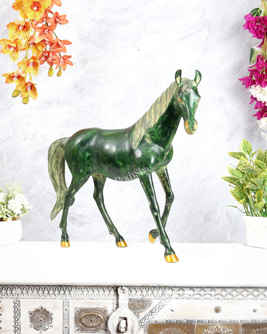Brass Horse Showpiece One Leg Up – Vastu Approved green tone 18.5 inch - Budhshiv.com