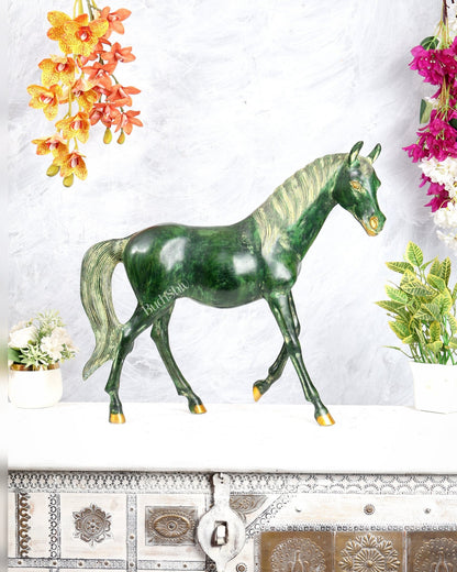 Brass Horse Showpiece One Leg Up – Vastu Approved green tone 18.5 inch - Budhshiv.com