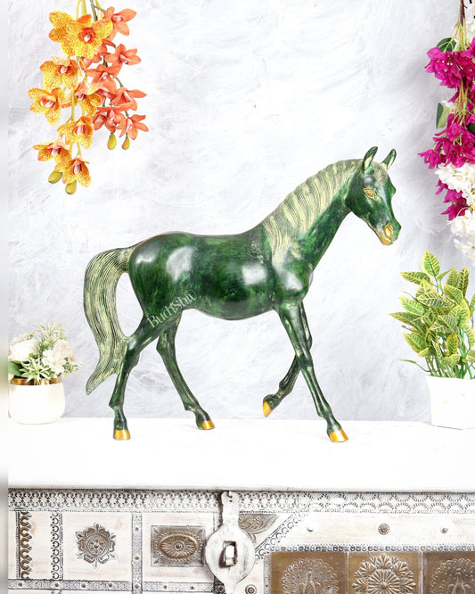 Brass Horse Showpiece One Leg Up – Vastu Approved green tone 18.5 inch - Budhshiv.com