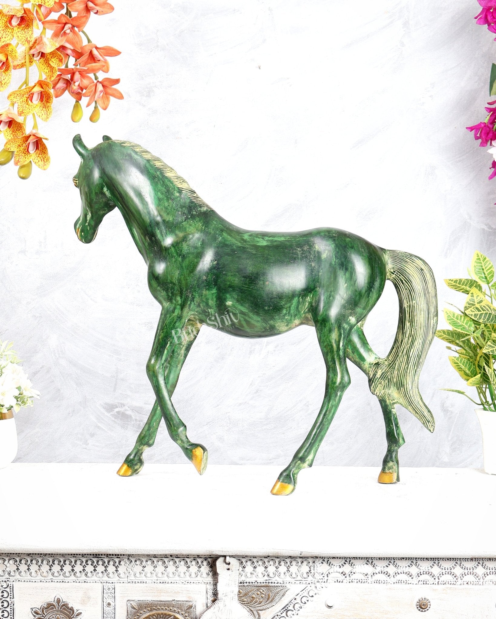 Brass Horse Showpiece One Leg Up – Vastu Approved green tone 18.5 inch - Budhshiv.com