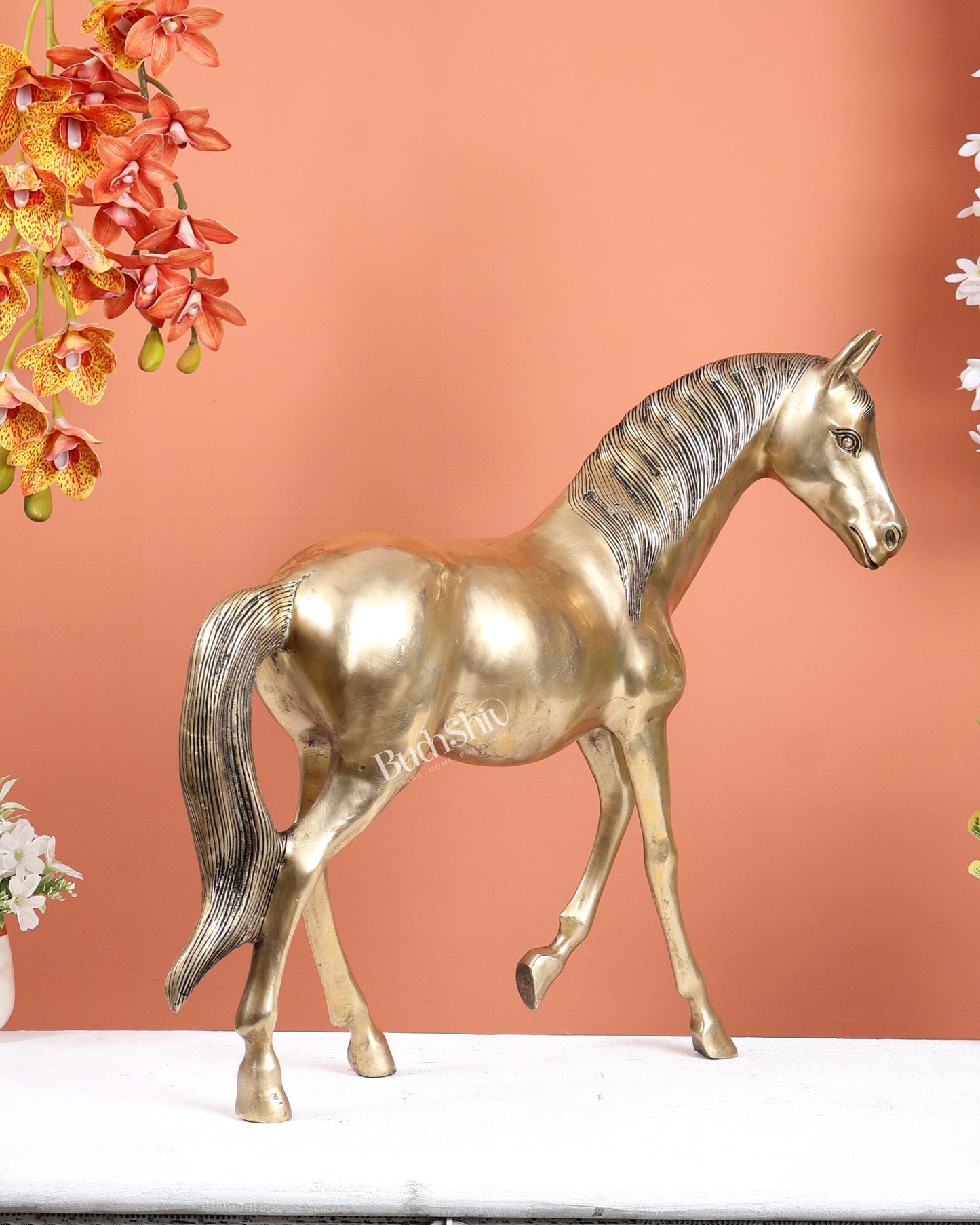 Brass Horse Showpiece One Leg Up – Vastu Approved Sleek Design Sculpture (18.5 Inches) - Budhshiv.com