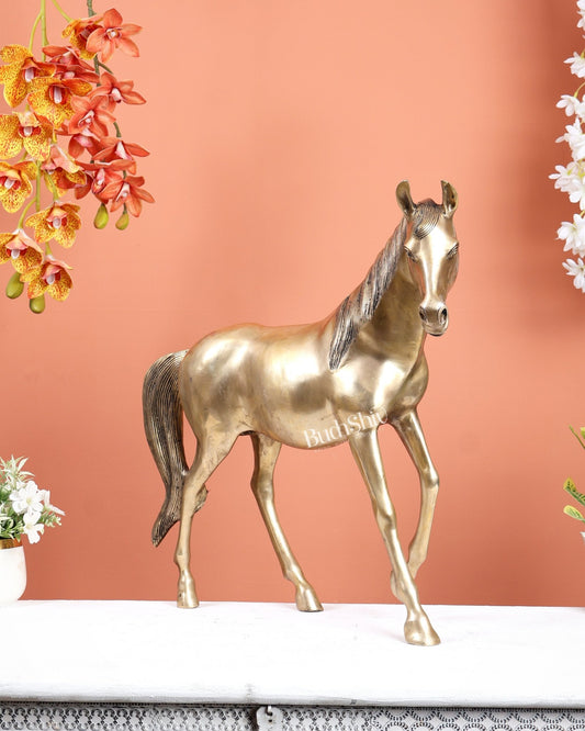 Brass Horse Showpiece One Leg Up – Vastu Approved Sleek Design Sculpture (18.5 Inches) - Budhshiv.com