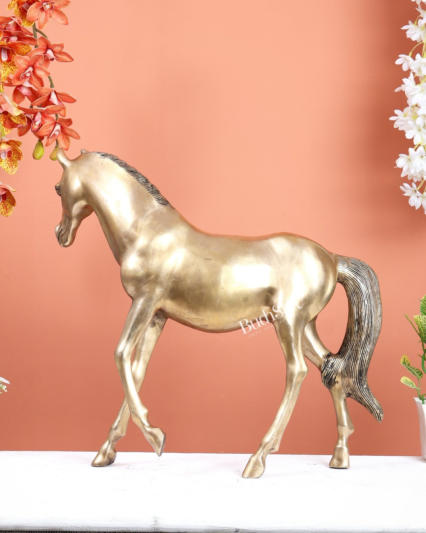 Brass Horse Showpiece One Leg Up – Vastu Approved Sleek Design Sculpture (18.5 Inches) - Budhshiv.com
