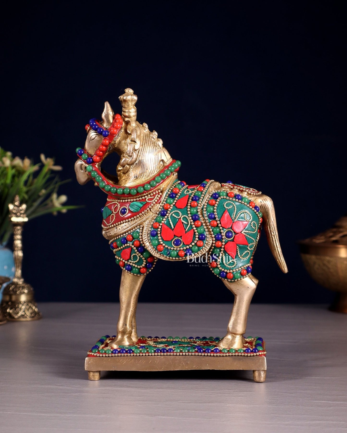 Brass Horse Standing Showpiece Statue floral stonework 7.5" - Budhshiv.com