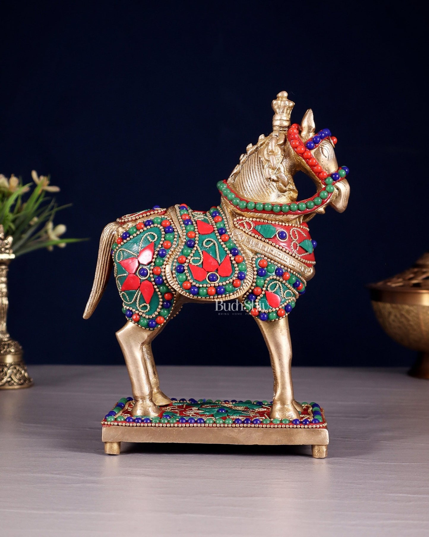 Brass Horse Standing Showpiece Statue floral stonework 7.5" - Budhshiv.com
