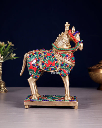 Brass Horse Standing Showpiece Statue floral stonework 7.5" - Budhshiv.com