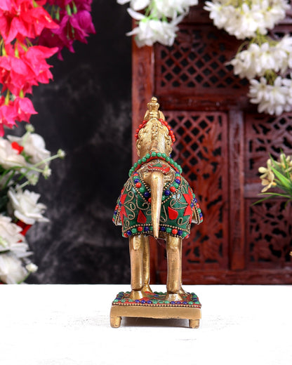 Brass Horse Standing Showpiece Statue floral stonework 7.5" - Budhshiv.com