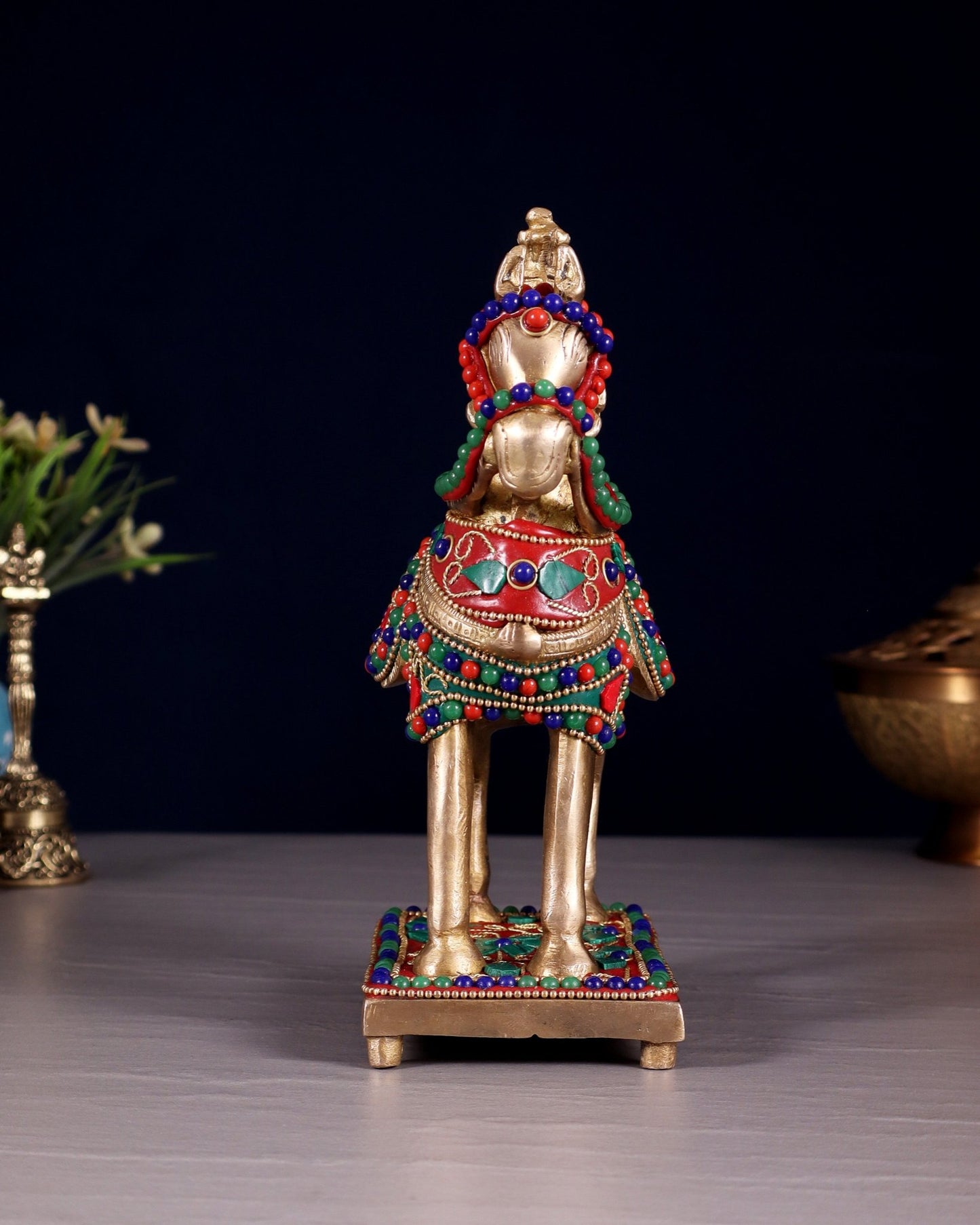 Brass Horse Standing Showpiece Statue floral stonework 7.5" - Budhshiv.com