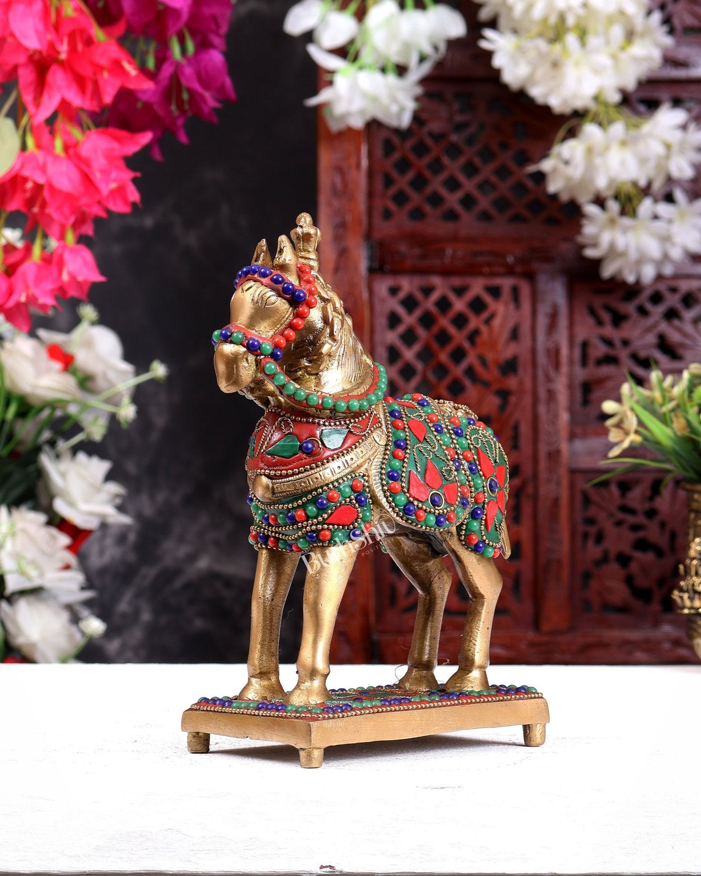 Brass Horse Standing Showpiece Statue floral stonework 7.5" - Budhshiv.com