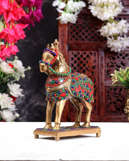 Brass Horse Standing Showpiece Statue floral stonework 7.5" - Budhshiv.com