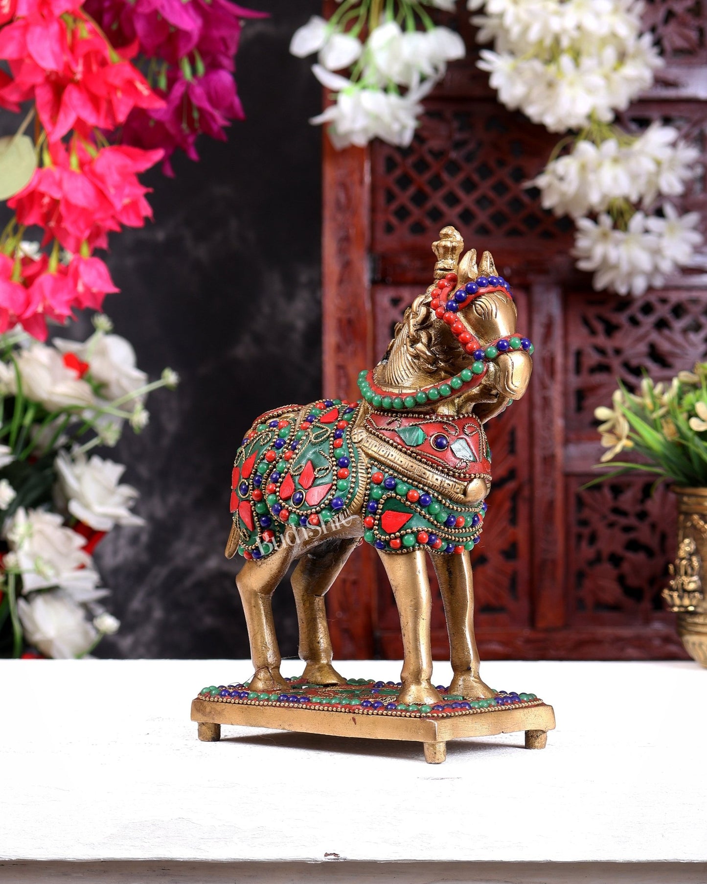 Brass Horse Standing Showpiece Statue floral stonework 7.5" - Budhshiv.com