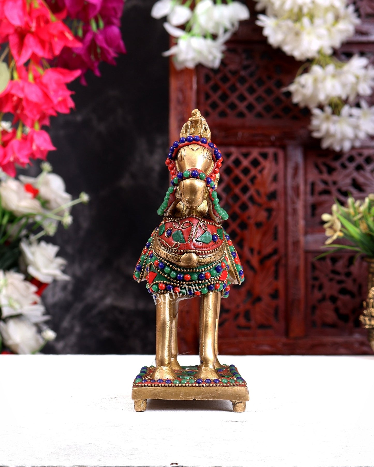 Brass Horse Standing Showpiece Statue floral stonework 7.5" - Budhshiv.com