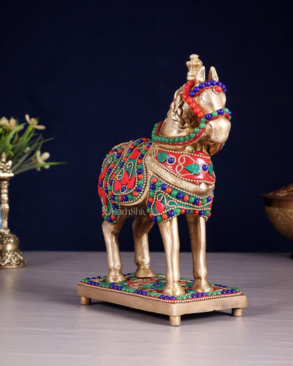 Brass Horse Standing Showpiece Statue floral stonework 7.5" - Budhshiv.com