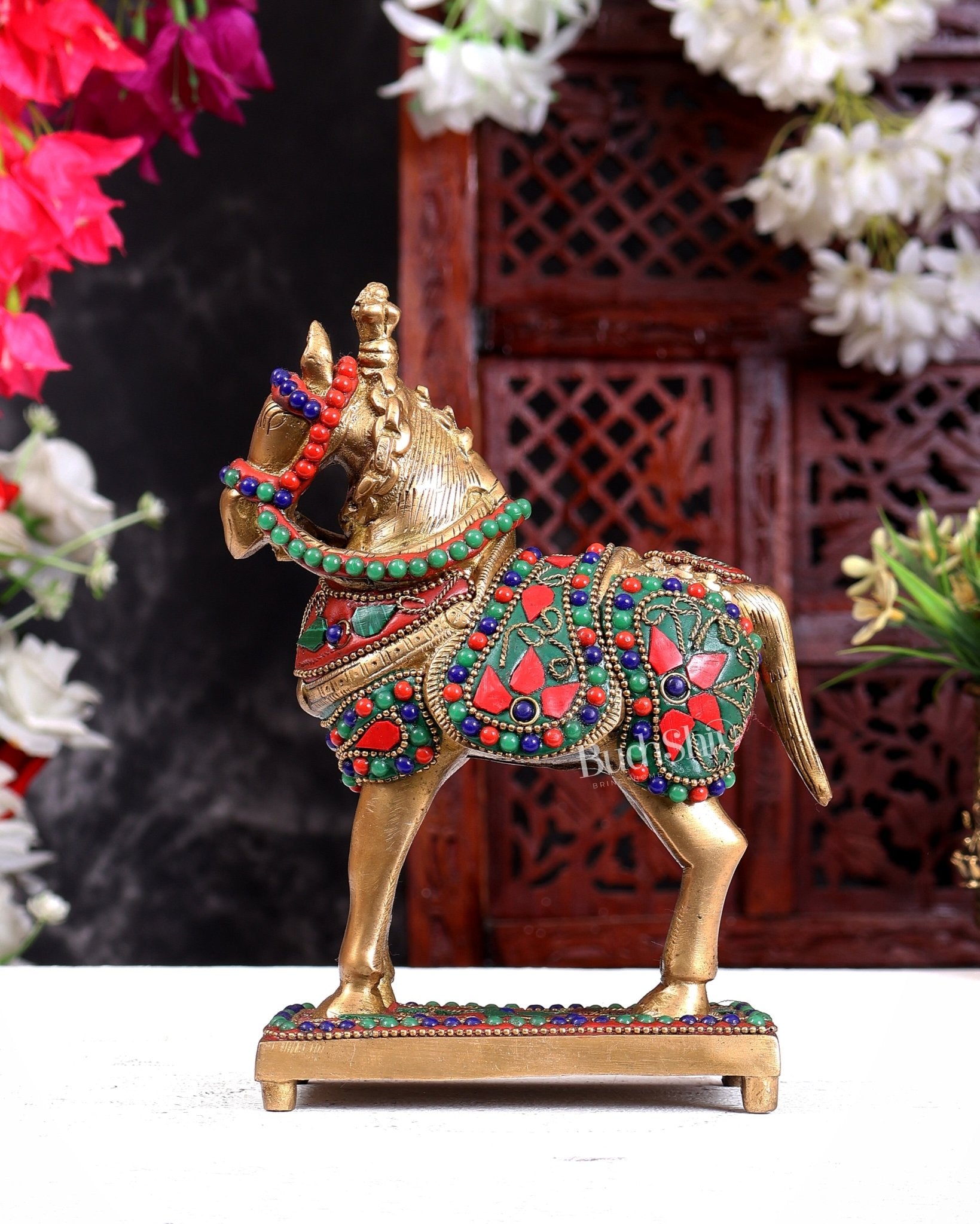 Brass Horse Standing Showpiece Statue floral stonework 7.5" - Budhshiv.com