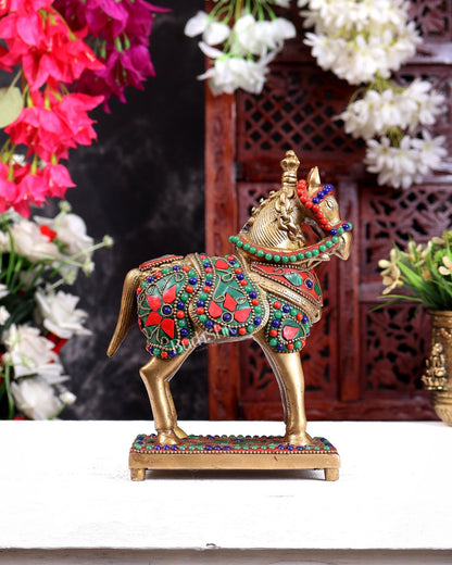 Brass Horse Standing Showpiece Statue floral stonework 7.5" - Budhshiv.com